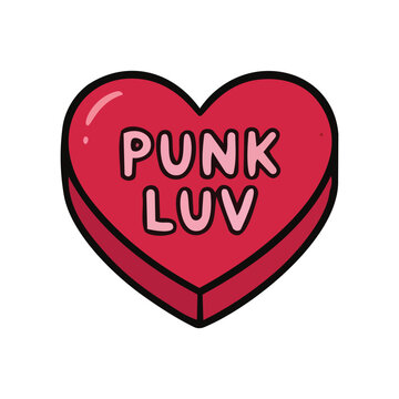 Pink heart candy illustration with punk luv text on white background