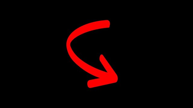 Red hand drawn curved arrow animation, doodle directional pointer graphic, isolated video overlay element   