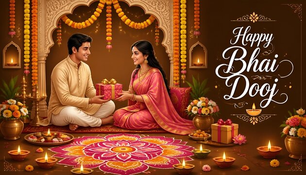 Happy bhai dooj celebration design with brother and sister exchanging gifts
