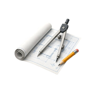 Architectural Blueprint Roll with Compass and Pencil 3D Render