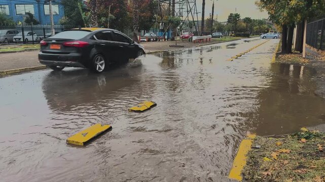Wide View of Flooded City Street After Rain