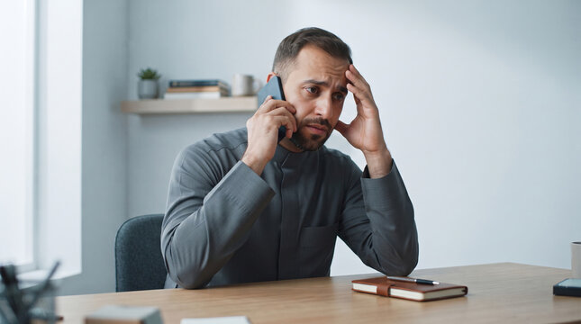Worried man talking on phone at desk