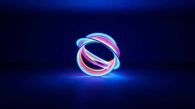 60 FPS Neon light trail rings morph into rotating orb on dark blue studio background