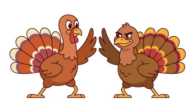 Two mischievous cartoon turkeys raising their wings to high five in a fun vector illustration
