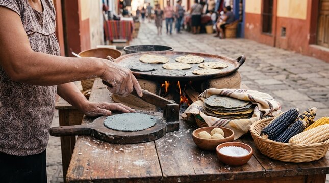 Traditional Mexican tortilla making on street, authentic handmade corn tortillas on comal, artisanal street food vendor preparing rustic cuisine