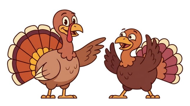 Two cheerful cartoon turkeys chatting and gesturing playfully in a colorful retro vector graphic illustration