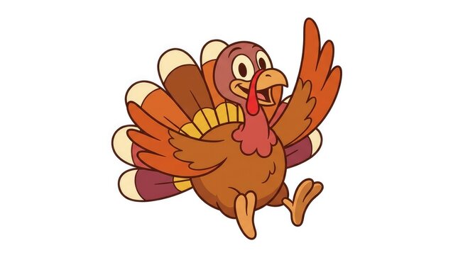 A cheerful animated cartoon turkey waving its wing happily in a colorful retro vector graphic illustration
