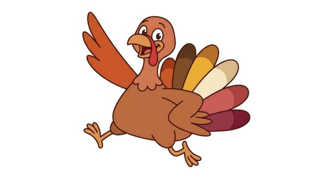 Fun animated turkey character running excitedly with outstretched wings in a cute vector illustration