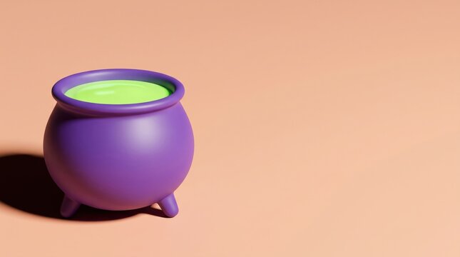 Purple cauldron filled with glowing green liquid on beige background