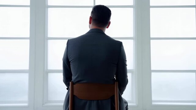 Man in dark suit sits with his back to camera on wooden chair facing large bright window, while framing slowly moves closer in minimalist daylight interior setting