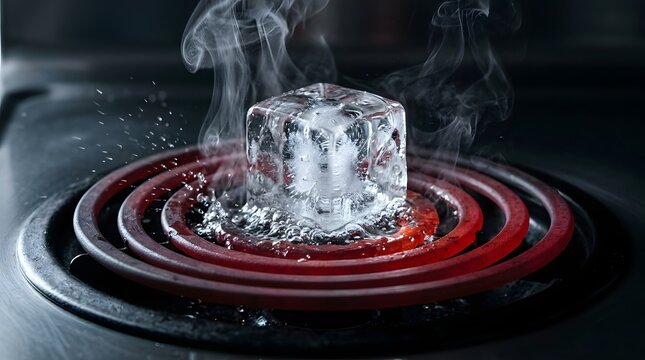 Frozen ice cube melting rapidly on red hot electric stove coil demonstrating extreme temperature contrast and thermal conductivity testing