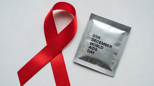 Red awareness ribbon representing world aids day alongside a silver condom wrapper