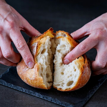 Hands tearing fresh sourdough bread boule on slate board