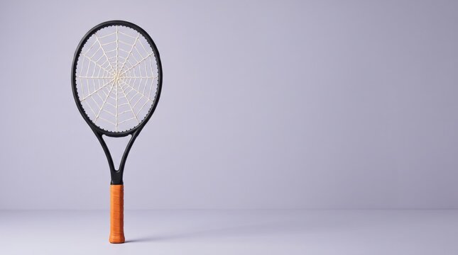 Black tennis racket with white spiderweb strings on purple background