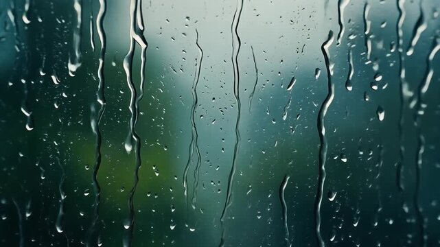 Raindrops on window glass with blurred green trees during overcast day cinematic motion