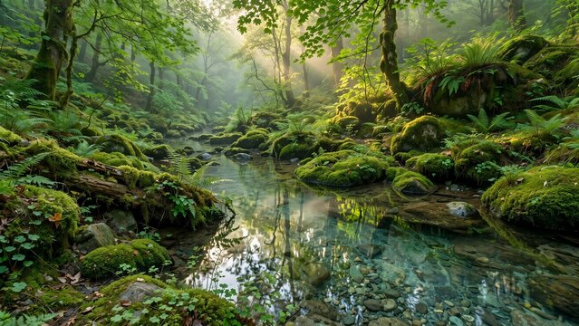 Crystal Clear Stream Reflecting Lush Green Trees and Bushes in Shady Forest