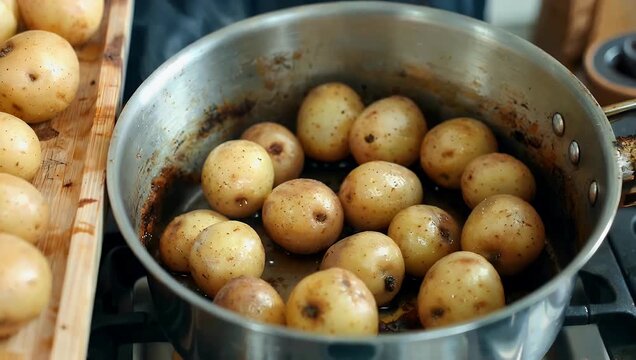 rustic high-resolution 4K food preparation video shows various dirty potatoes resting on a wooden plate with an additional metal pan containing more potatoes nearby highlighting the initial stages