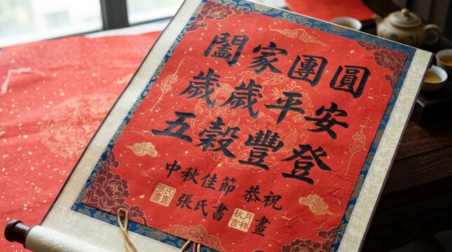 Detailed View of a Traditional Chinese Calligraphy Scroll Featuring Mid-Autumn Festival Blessings, Family Reunion Wishes, and Abundant Harvest Idioms on Red Decorative Paper with Gold Accents