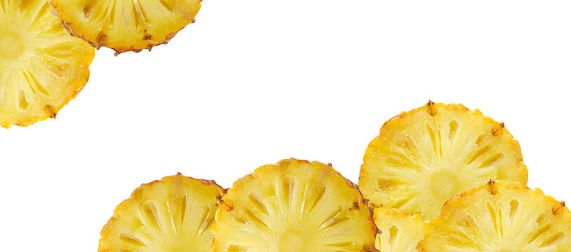 Many big pineapple slices border isolated on transparent background. Ripe tropical fruit frame PNG. Cut pieces. Bright food element. Simple banner design. Copyspace. Image for dry snack packaging