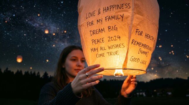 Close up shot of a young woman holding a glowing paper sky lantern at night with handwritten wishes for peace and 2024, set against a stunning starry sky background during a lantern festival.