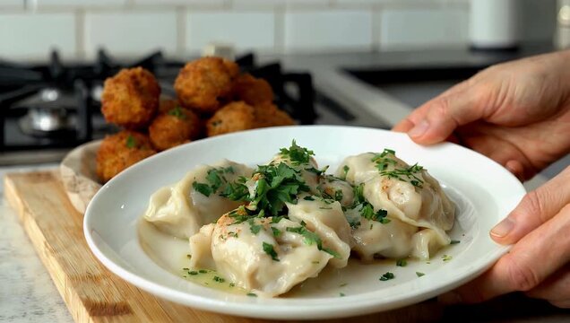 traditional high-resolution 4K cooking close-up features several prepared cod dumplings locally known as bolinhos de bacalhau garnished with fresh parsley leaves and arranged neatly on pristine