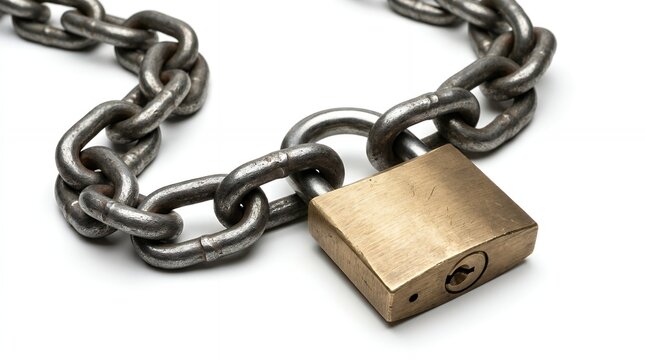 Brass padlock secured on rusted metal chain with copy space for