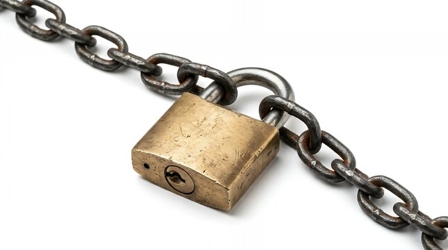 Brass padlock secured on metal chain for privacy and security concepts