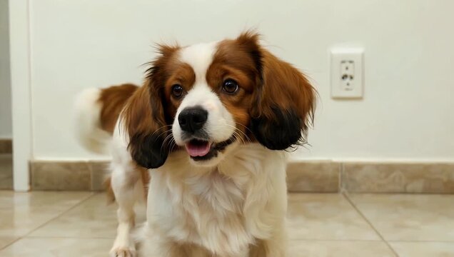 Adorable 4K domestic close-up featuring a cute small puppy with distinct brown ears and soft white fur standing calmly on a tiled floor inside a home while looking directly into the camera