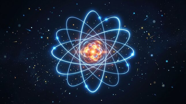A vibrant atom illustration displays a central nucleus surrounded by orbiting electron shells. The nucleus glows with a warm orange hue, while the electron shells radiate with a brilliant blue light.
