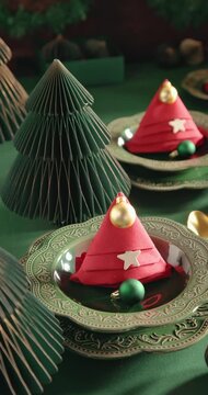 Chic green table setup with ornaments and festive baubles.
