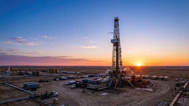 A tall oil drilling rig stands prominently against a vibrant sunset sky. The rig is situated in a vast, arid landscape dotted with equipment, storage containers, and trucks.