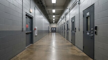 Obraz premium A long, gray hallway stretches into the distance, lined with identical gray metal doors. The walls are constructed of gray brick.