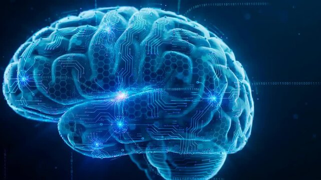 AI brain with digital circuits and binary data illustrates artificial intelligence, neural networks, machine learning, cognitive computing, data processing and futuristic technology innovation.