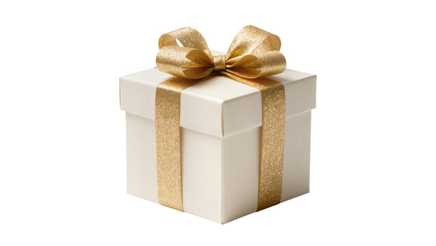 White gift box with golden glitter ribbon and bow, isolated on transparent background