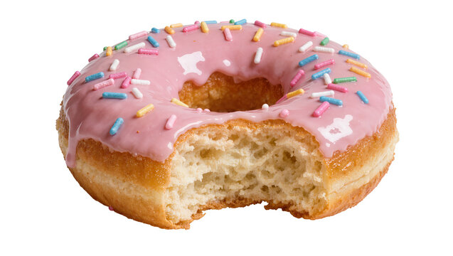 Pink frosted donut with colorful sprinkles bite taken out, isolated on transparent background