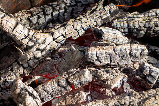 Close-up of glowing hot embers and burning wood logs in a campfire