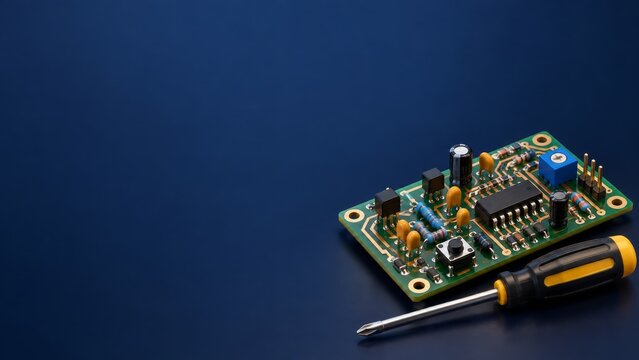 Electronic Circuit Board beside a Screwdriver on a Dark Blue Surface