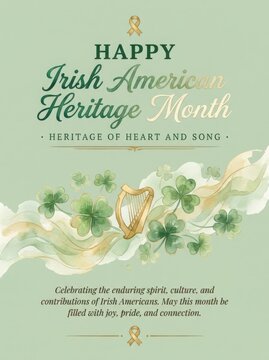 Irish American Heritage Month Celebration Graphic Design With Shamrocks And Harp