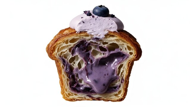 Blueberry laminated pastry with creamy berry filling and exposed flaky layers, ideal for bakery advertising, dessert campaigns, pastry editorials and confectionery promotions.