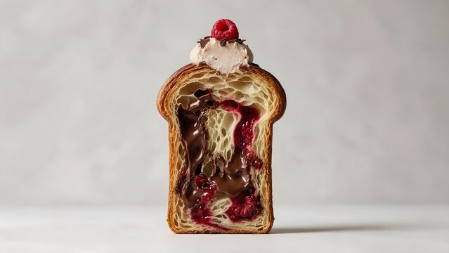 Raspberry and chocolate laminated pastry with an exposed flaky interior, ideal for bakery advertising, dessert campaigns, pastry editorials and premium confectionery promotions.