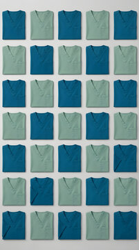 A grid of folded teal and sage green scrub tops presented on a clean, light background in a precise, symmetrical pattern.