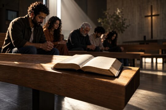 Open Bible on a church pew before a group gathered in prayer. Christian worship and Sunday service. Bible study and small group fellowship. Faith, prayer and church community.