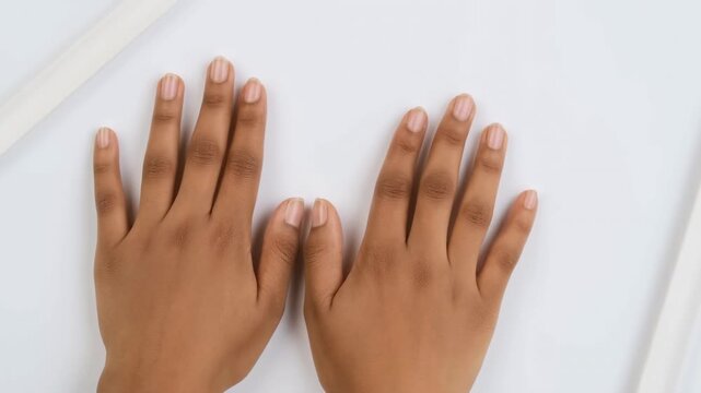 Two hands with neatly manicured pale pink nails rest palm down and subtly shift closer together on a clean white surface under soft bright lighting in an overhead view