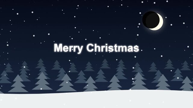 Merry Christmas Text Animation with Falling Snow and Winter Pine Tree Forest Night Background