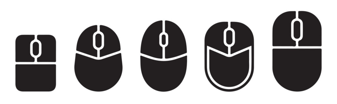 Computer mouse icons collection featuring various black shapes and scrolling wheel designs for hardware tools.