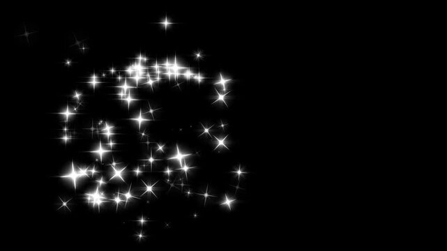 White glowing line stars sparkles animation, pixie dust path shining particles stars line magic dust, christmas stars isolated on black screen background, 4k Luxury white glitter sparkles