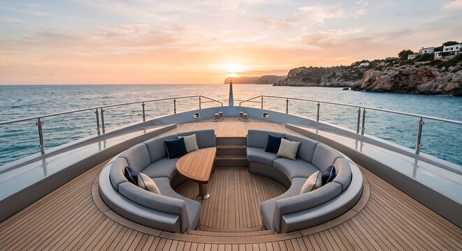 Luxury yacht deck with circular seating area overlooking sunset at sea