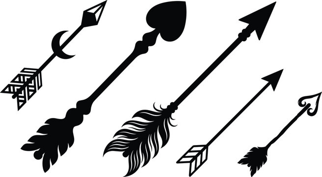 Black silhouette tribal arrow vector icon set featuring vintage bohemian celestial crescent moon and heart shaped fletching,