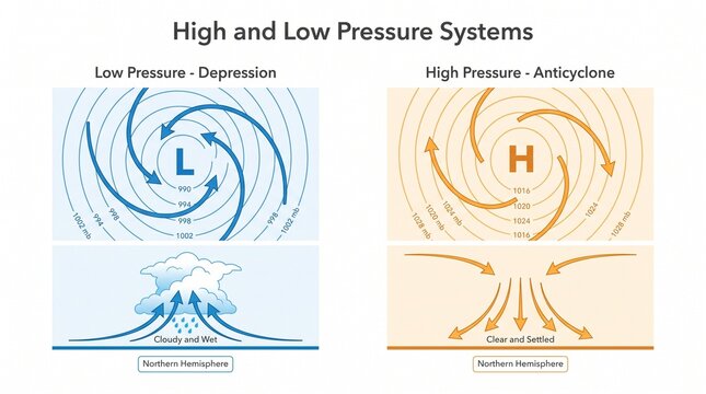 High and low pressure systems diagram with wind circulation direction