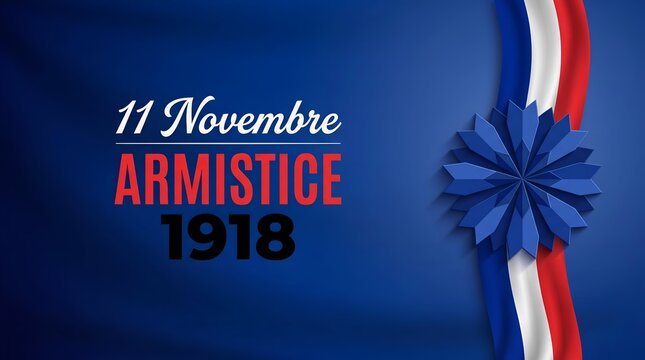 Armistice Day Banner with French flag, blue cornflower symbol, November 11th, 1918 typography. Perfect for remembrance design, memorial poster, historical anniversary